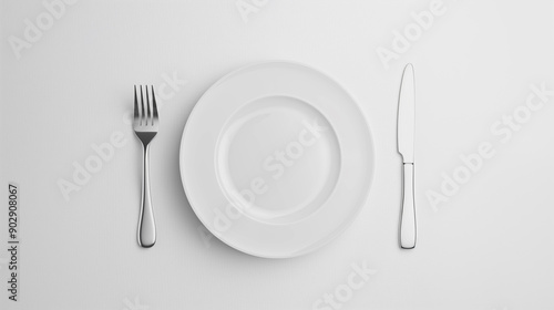 Minimalist table setting with a white plate, fork, and knife.