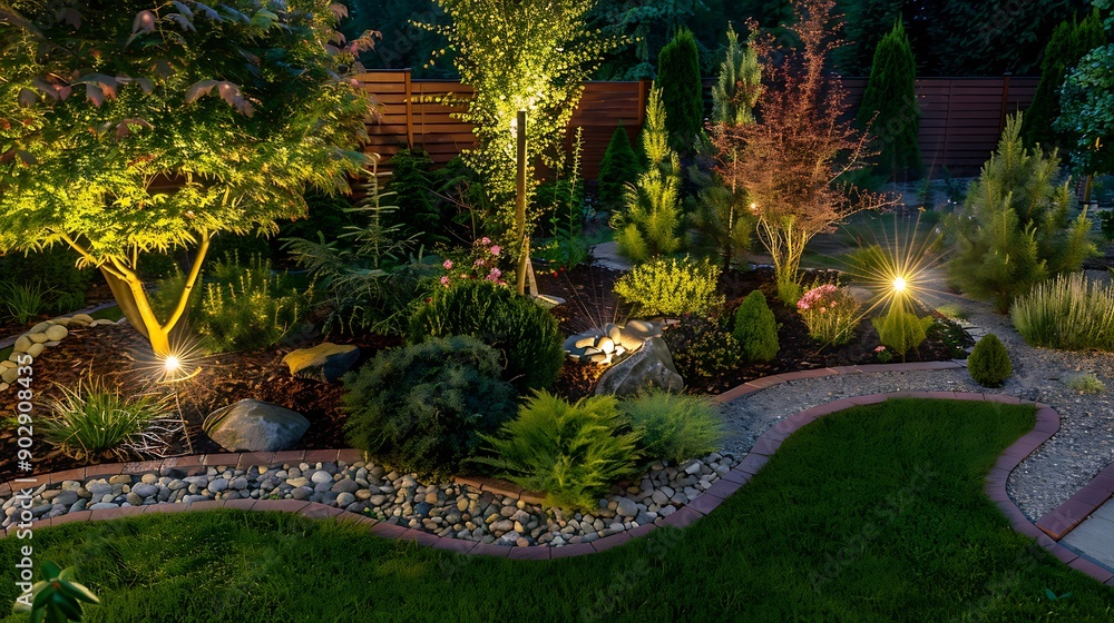 Obraz premium Landscaped garden evening idea spot lighting of different trees bushes and shrubs at the backyard of living house