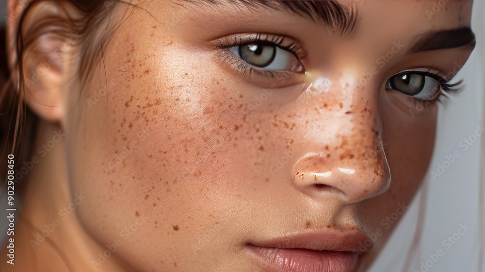 Close-up of a female model's face, showcasing natural cosmetics in a studio setting. Ideal for beauty, skincare, and makeup visuals. Close-up of a female model's face, showcasing natural cosmetics in a studio setting. Ideal for beauty, skincare, and makeup visuals.