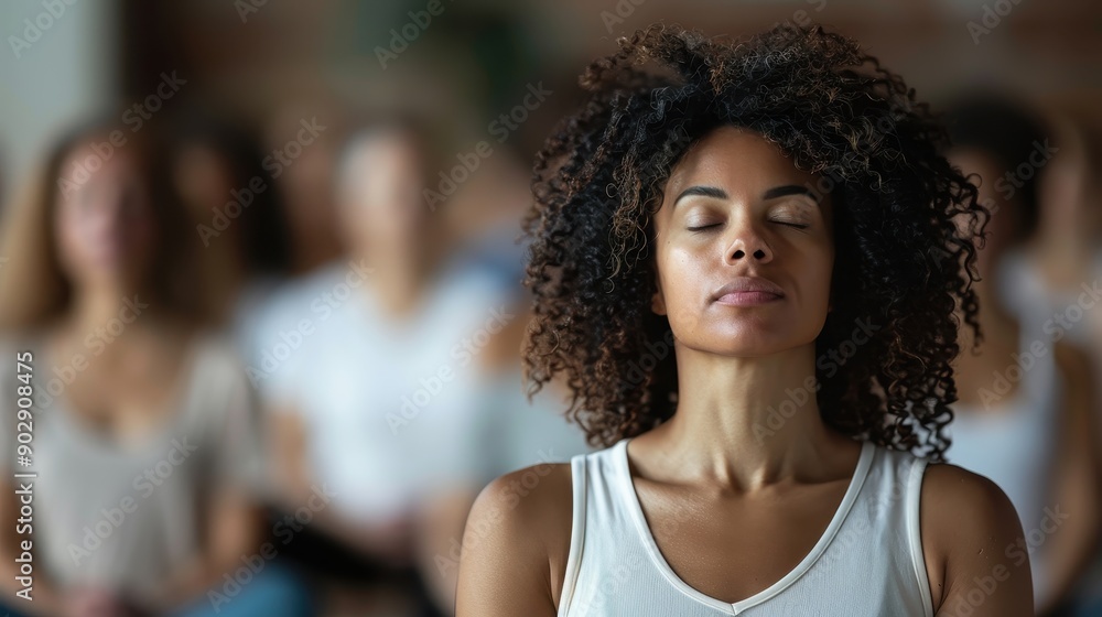 A woman with curly hair and closed eyes sits in a serene, indoor meditation session; background shows relaxed participants, evoking tranquility and mindfulness. A woman with curly hair and closed eyes sits in a serene, indoor meditation session; background shows relaxed participants, evoking tranquility and mindfulness.