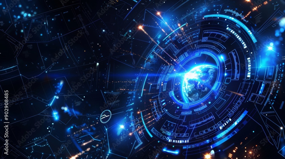 Fototapeta premium Futuristic tech background with black and blue hues. Abstract vector depicting sunrise, satellites, and rockets orbiting Earth. Plasma energy clot with glowing rays and flickering particles. Science a