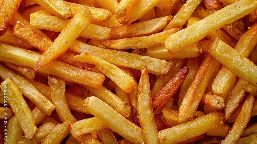 Close-up of crispy, golden French fries, showcasing their perfect texture and irresistible appeal. Ideal for food and restaurant visuals. Close-up of crispy, golden French fries, showcasing their perfect texture and irresistible appeal. Ideal for food and restaurant visuals.