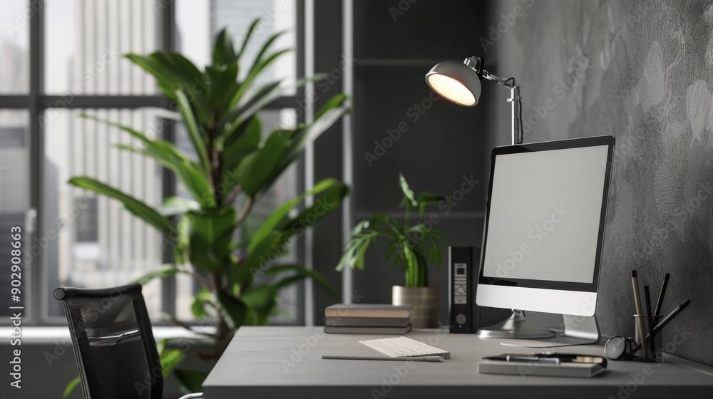 Modern Workspace with Computer and Desk Lamp. Modern Workspace with Computer and Desk Lamp.