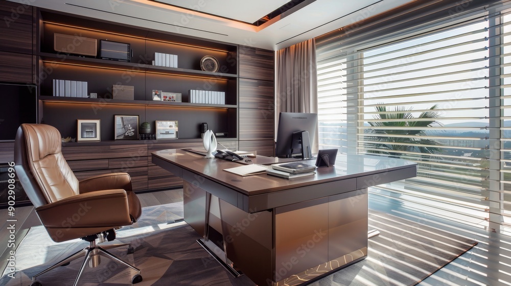 Modern Home Office with Large Windows and a View. Modern Home Office with Large Windows and a View.