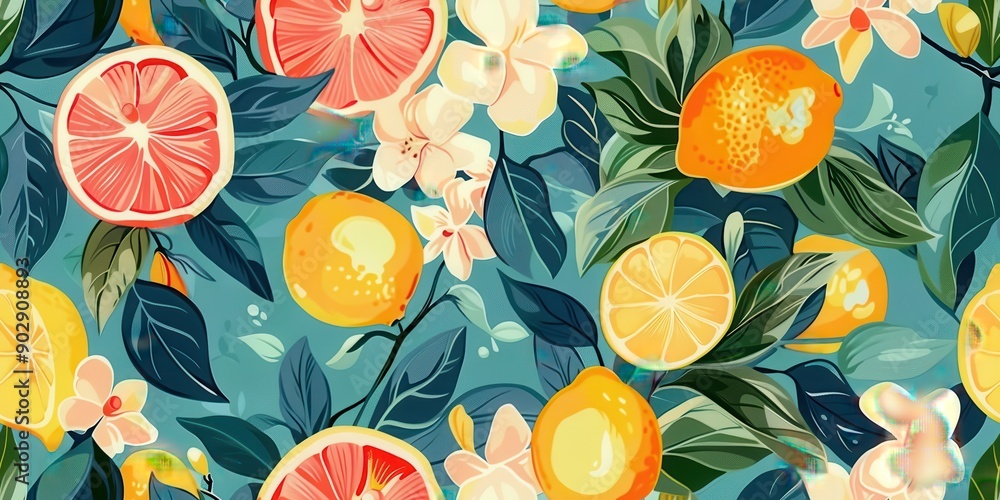 Vibrant hand-painted floral and fruit lemon seamless pattern with colorful blooms flowers and fruits, bright floral background. Botanical wallpaper.
