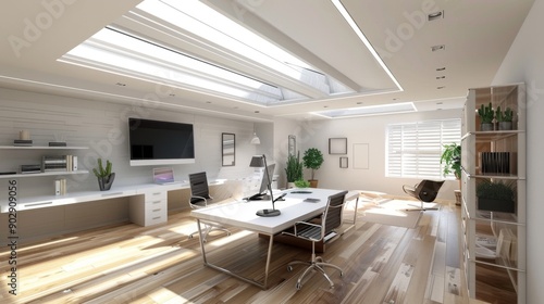 Modern Office Interior Design with Skylight and Wood Floor.