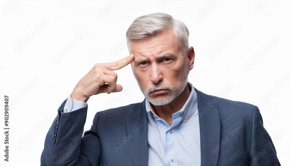 Close-up portrait of a senior businessman gesturing with his finger against his temple, as if to say, Close-up portrait of a senior businessman gesturing with his finger against his temple, as if to say,