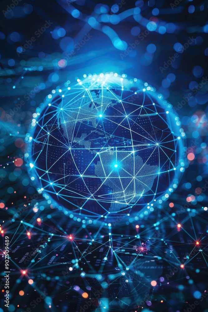 A blue planet with a network of lines surrounding it. The planet is surrounded by a starry sky A blue planet with a network of lines surrounding it. The planet is surrounded by a starry sky