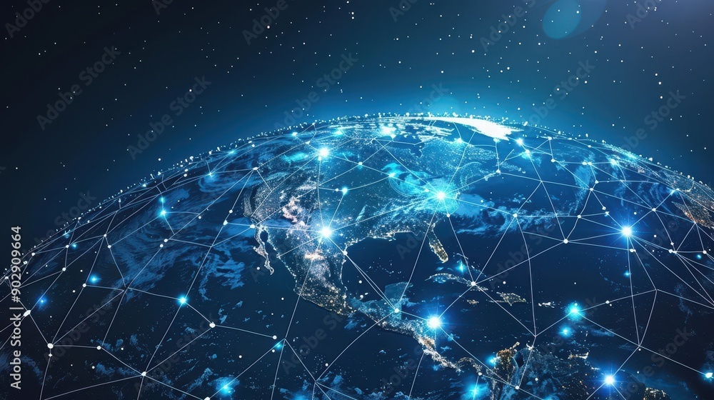 A blue planet with a network of lines surrounding it. The planet is surrounded by a starry sky A blue planet with a network of lines surrounding it. The planet is surrounded by a starry sky