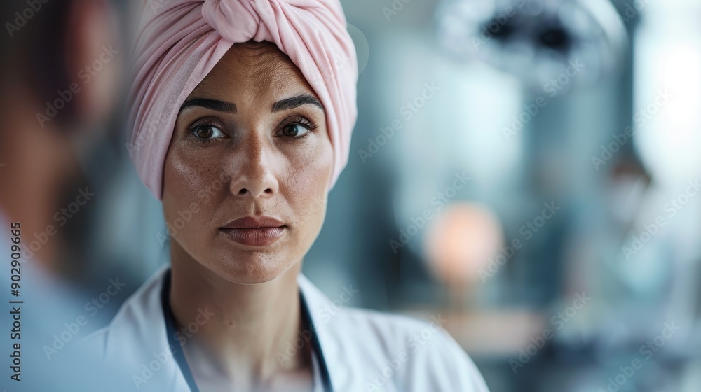 A healthcare professional wearing a pink turban and white coat is attentively listening, showcasing empathy, professionalism, and dedication in a medical setting. A healthcare professional wearing a pink turban and white coat is attentively listening, showcasing empathy, professionalism, and dedication in a medical setting.