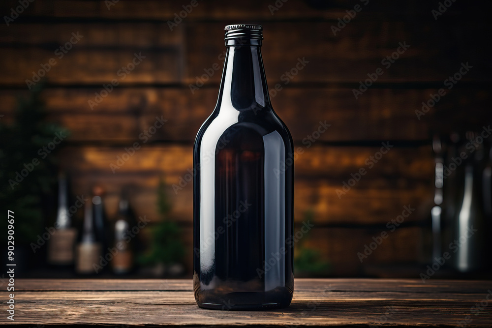 One bottle of dark beer is on the table. One bottle of dark beer is on the table.