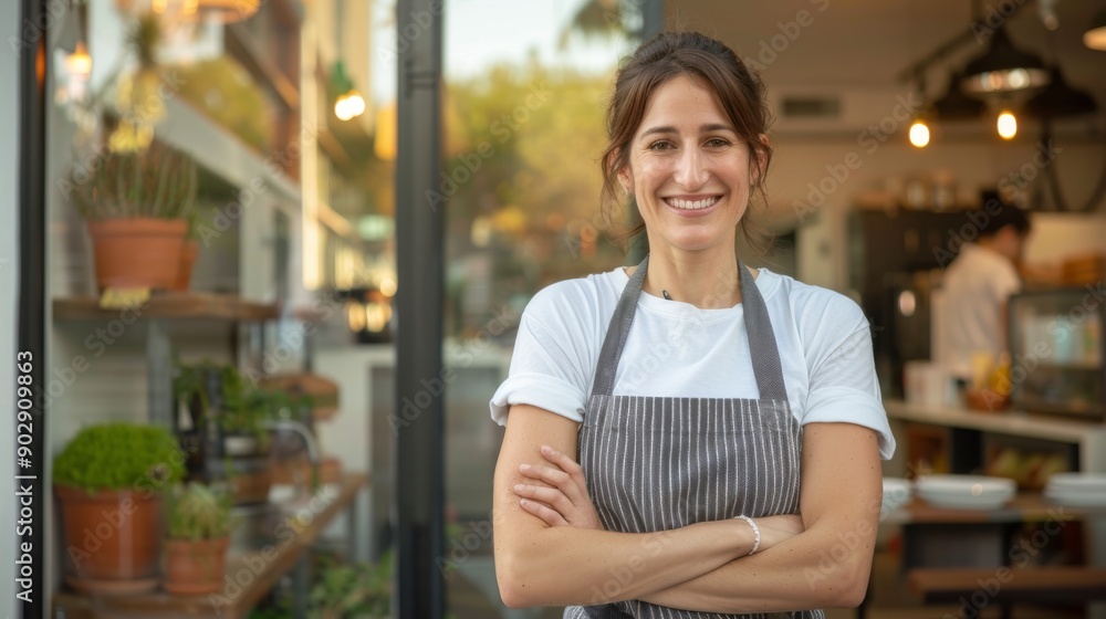 Obraz premium Smiling Female Cafe Owner Standing with Crossed Arms in Front of Her Cozy Coffee Shop