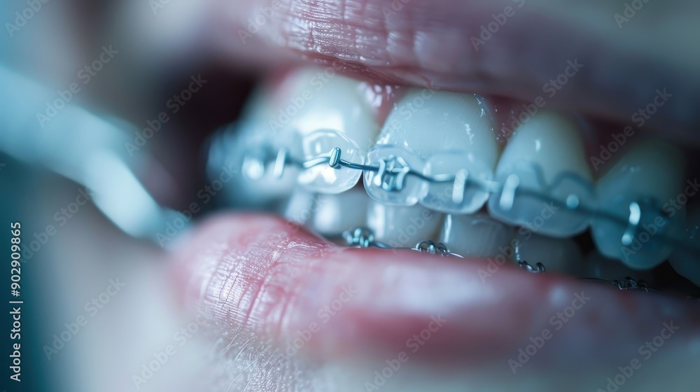 This image provides a macro view of teeth fitted with metal braces ...