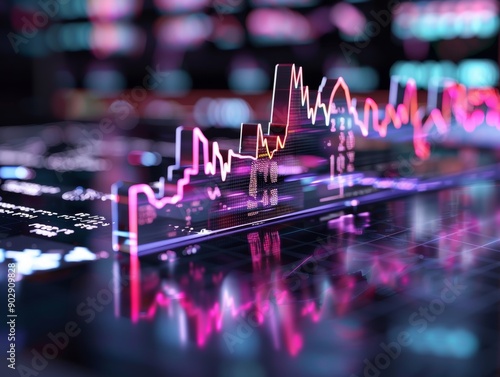 Price drop, holographic economic crisis, futuristic business struggle, neon digital design