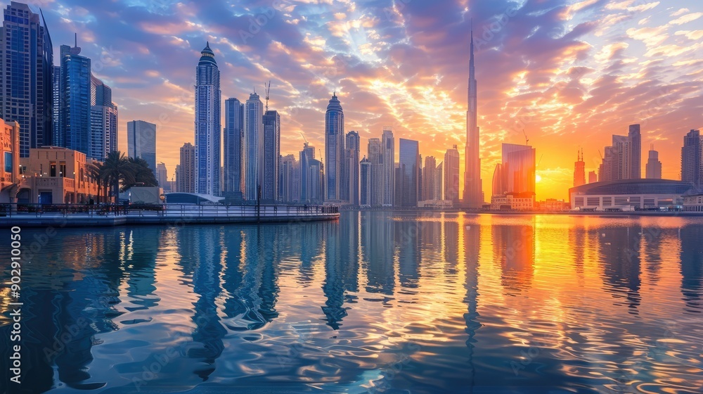 Vibrant Dubai city center, featuring towering skyscrapers and a lively atmosphere Vibrant Dubai city center, featuring towering skyscrapers and a lively atmosphere