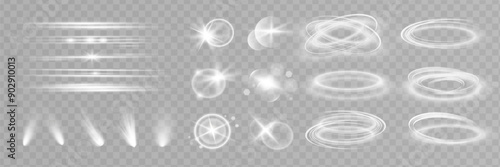 Starlight effect set and spotlight. Glow isolated white transparent light effect set, glitter, line, sun flash, dust, stars, sunlight, spotlight, swirl, spiral, portal or tunnel. Abstract
