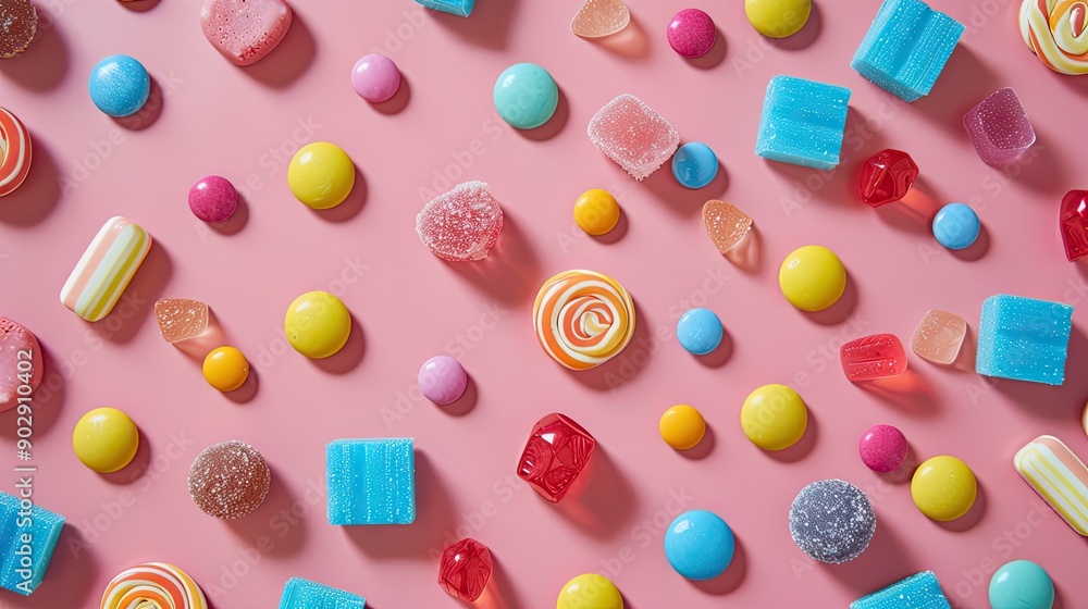 Flat lay of a colorful candy mix on a surface, showcasing a vibrant and fun dessert theme. Ideal for sweet and playful imagery. Flat lay of a colorful candy mix on a surface, showcasing a vibrant and fun dessert theme. Ideal for sweet and playful imagery.