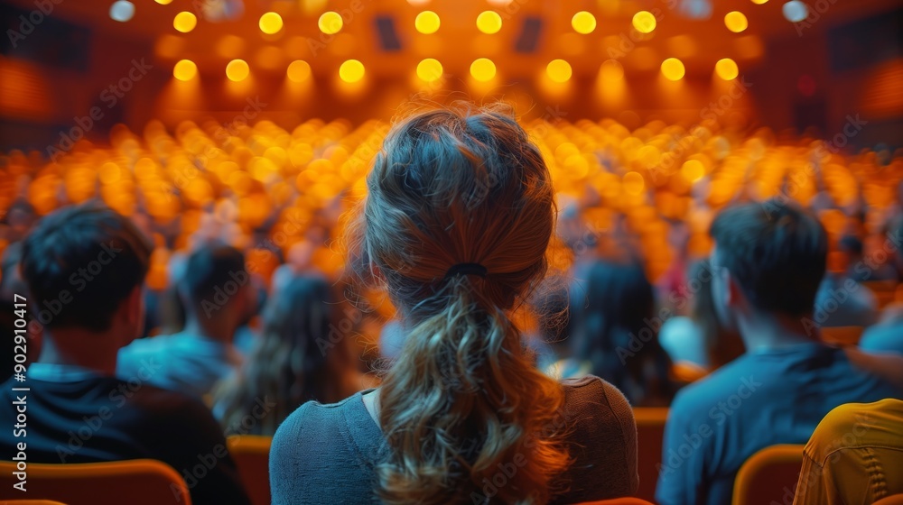 A woman sits in the audience of a large conference hall, listening attentively to a speaker on stage. A woman sits in the audience of a large conference hall, listening attentively to a speaker on stage.