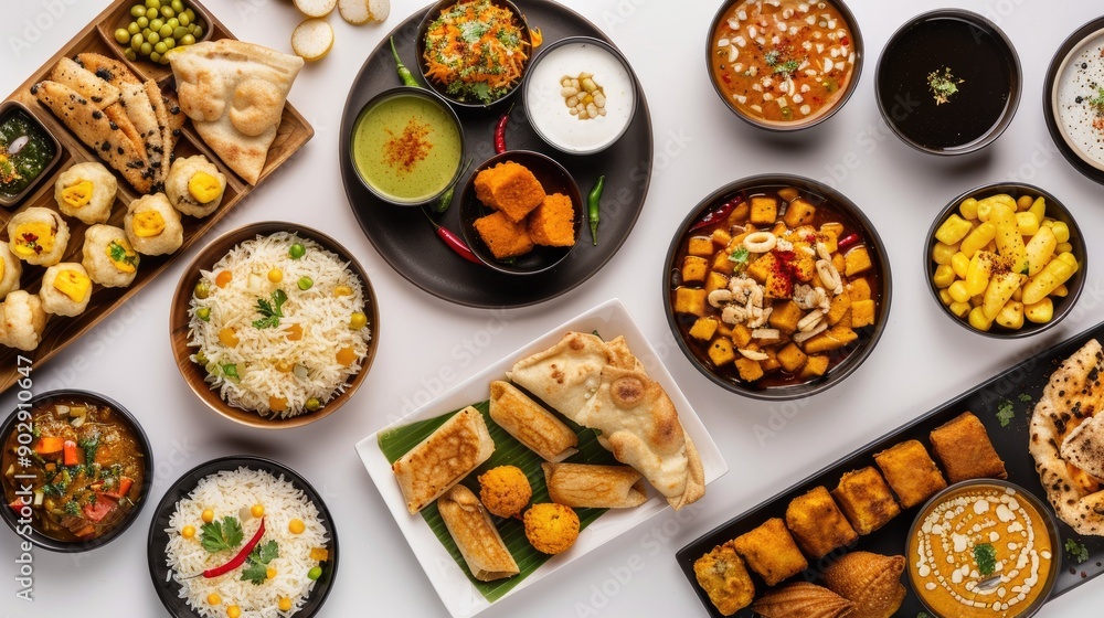 Flat lay of assorted Indian and Desi foods like curry, samosa, rolls, pani puri, and pakora on a white surface. Perfect for Ramadan Iftar visuals. Flat lay of assorted Indian and Desi foods like curry, samosa, rolls, pani puri, and pakora on a white surface. Perfect for Ramadan Iftar visuals.
