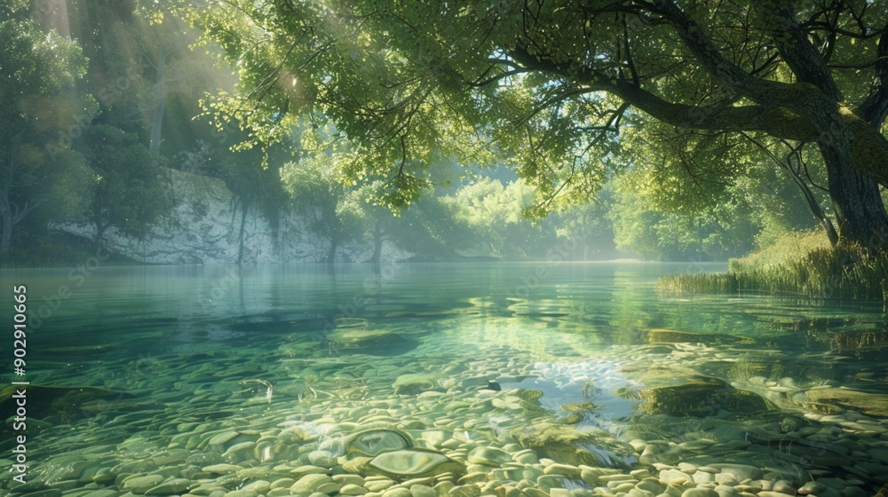Fototapeta premium A tranquil river landscape with clear water, lush trees, and a serene atmosphere, ideal for nature and environmental ads.