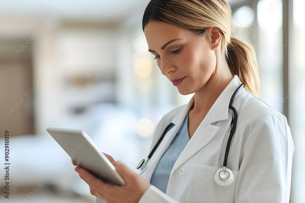 Female doctor using tablet computer at medical clinic, close up Female doctor using tablet computer at medical clinic, close up