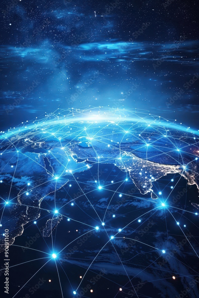 Fototapeta premium A globe with a network of lines and dots surrounding it. The globe is surrounded by a dark background