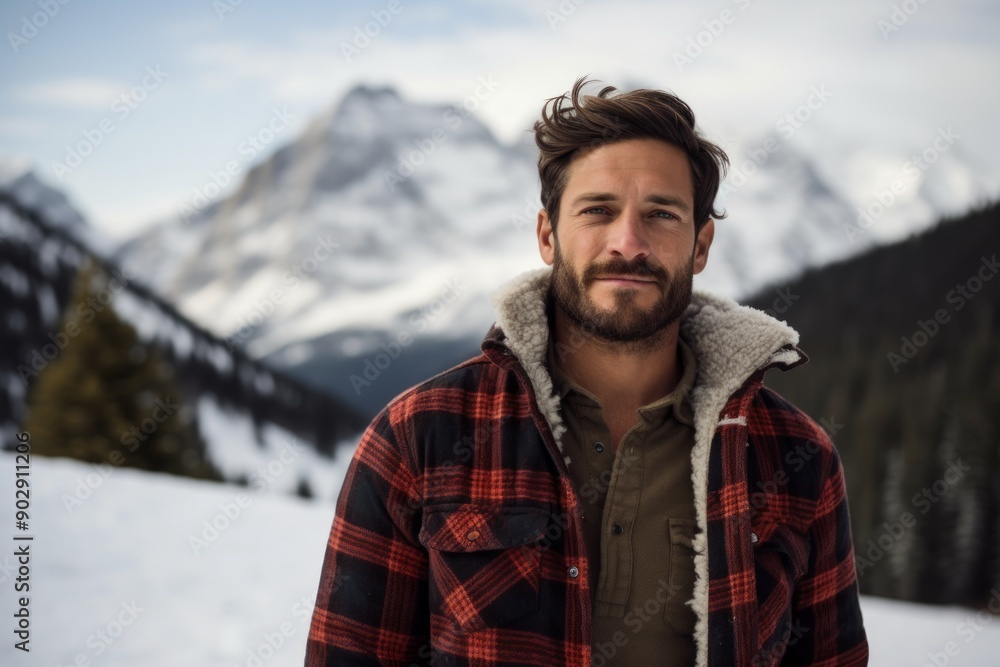 Portrait of a glad man in his 30s wearing a comfy flannel shirt while standing against pristine snowy mountain Portrait of a glad man in his 30s wearing a comfy flannel shirt while standing against pristine snowy mountain