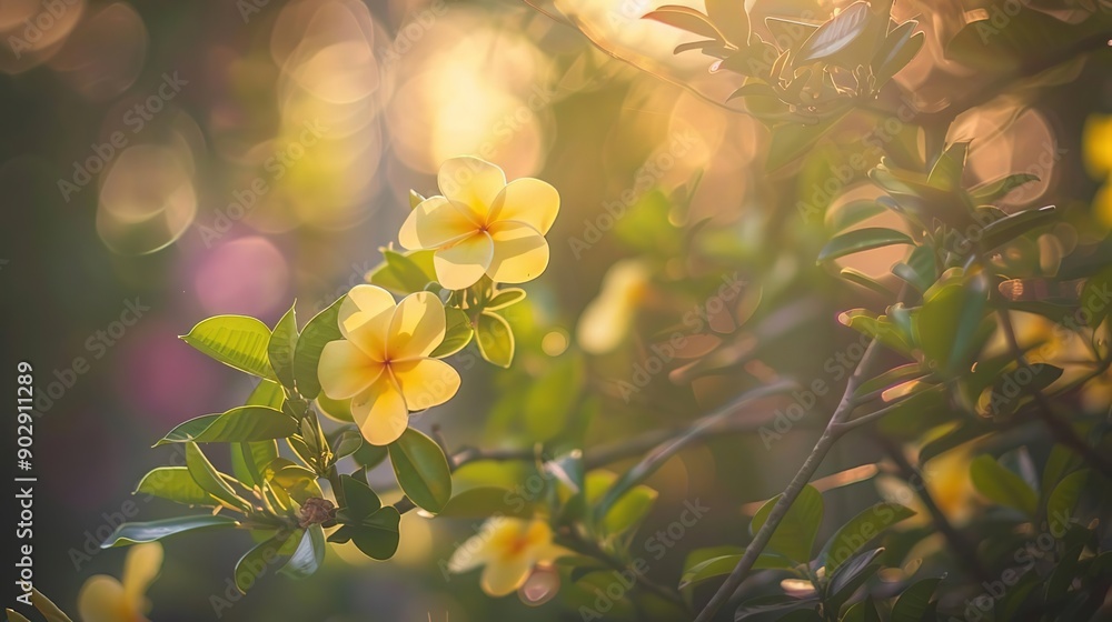Obraz premium Yellow Plumeria Flowers in Golden Hour Sunlight