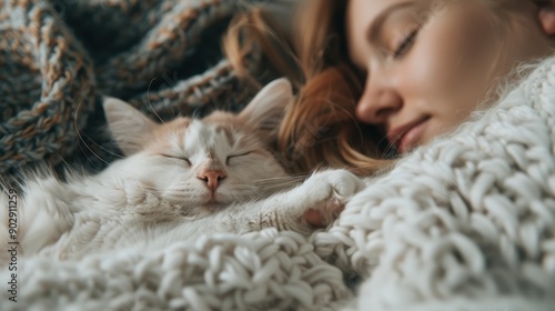 A serene image displaying a woman and her fluffy cat sleeping peacefully together under cozy knitted blankets, showcasing affection and comfort in a homely atmosphere.