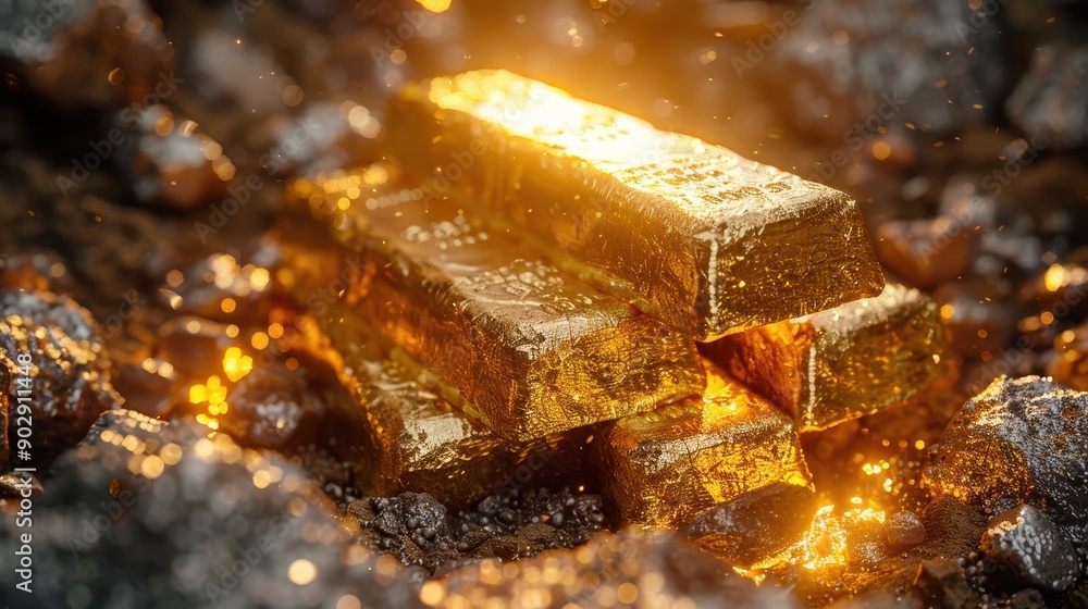 Fototapeta premium A row of gold bars are stacked on top of each other in a cave. The bars are shiny and golden, and they seem to be very valuable. The scene gives off a sense of mystery and intrigue