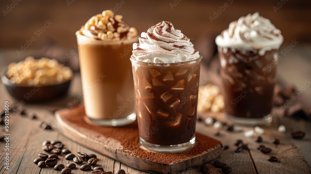 Two glasses of coffee with whipped cream and chocolate drizzle on a wooden table. Scene is cozy and inviting, perfect for a relaxing afternoon Two glasses of coffee with whipped cream and chocolate drizzle on a wooden table. Scene is cozy and inviting, perfect for a relaxing afternoon