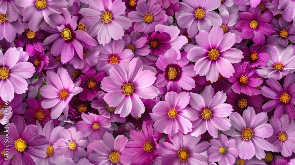 Garden field with pink cosmos flowers in full bloom, forming a seamless pattern on a natural backdrop Garden field with pink cosmos flowers in full bloom, forming a seamless pattern on a natural backdrop