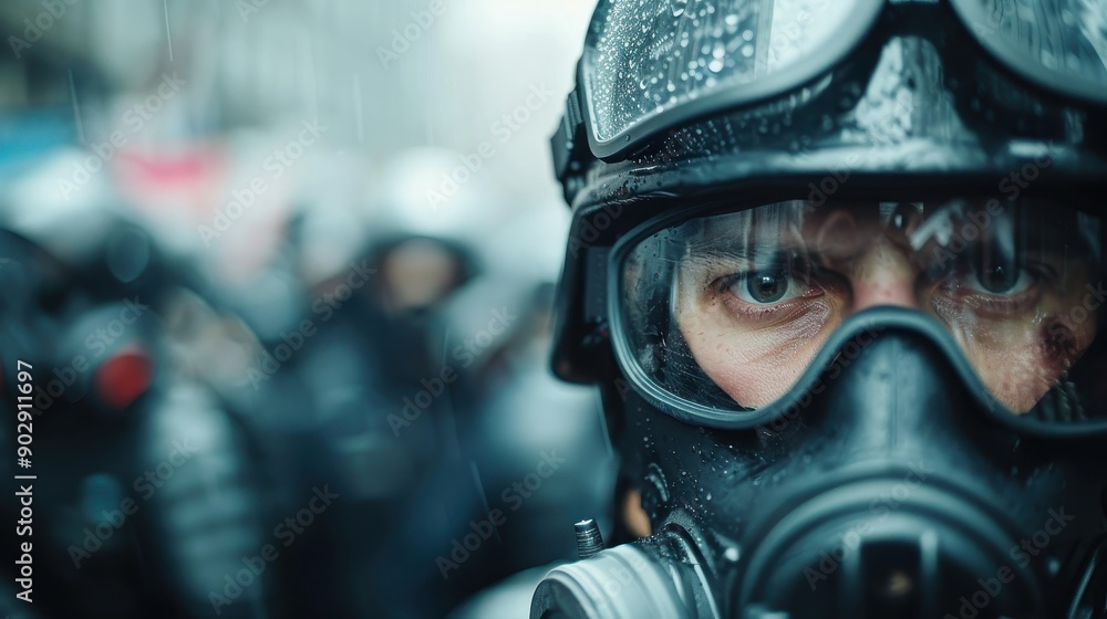 A close-up of a police officer in riot gear under the rain, highlighting the determination and preparedness needed to tackle unpredictable and adverse conditions during crowd control situations. A close-up of a police officer in riot gear under the rain, highlighting the determination and preparedness needed to tackle unpredictable and adverse conditions during crowd control situations.