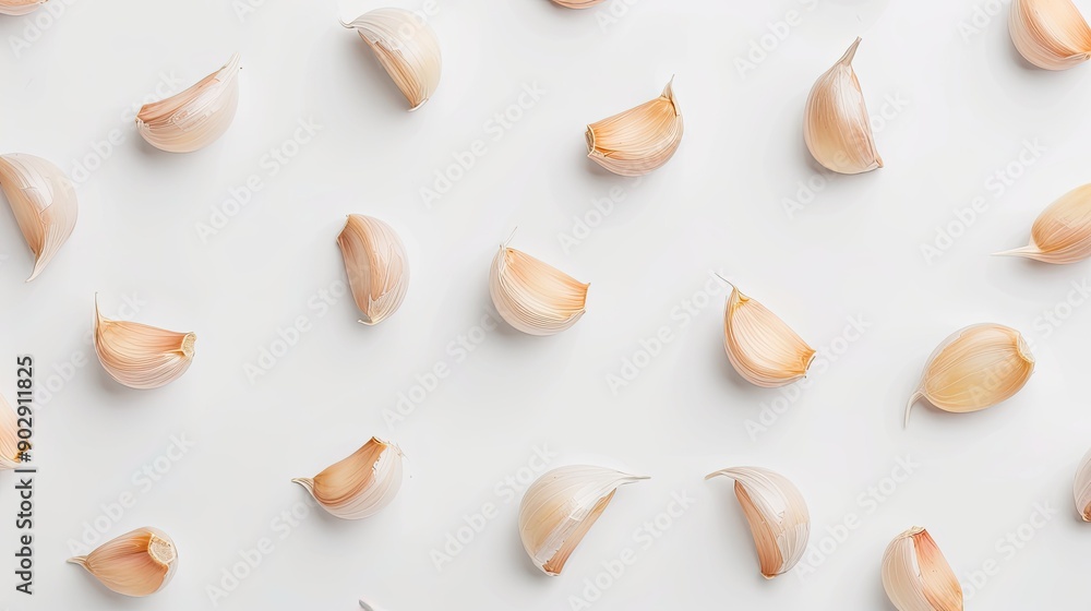 Isolated garlic cloves on a white backdrop, seen from above. Perfect for use in food-related graphics and content. Isolated garlic cloves on a white backdrop, seen from above. Perfect for use in food-related graphics and content.