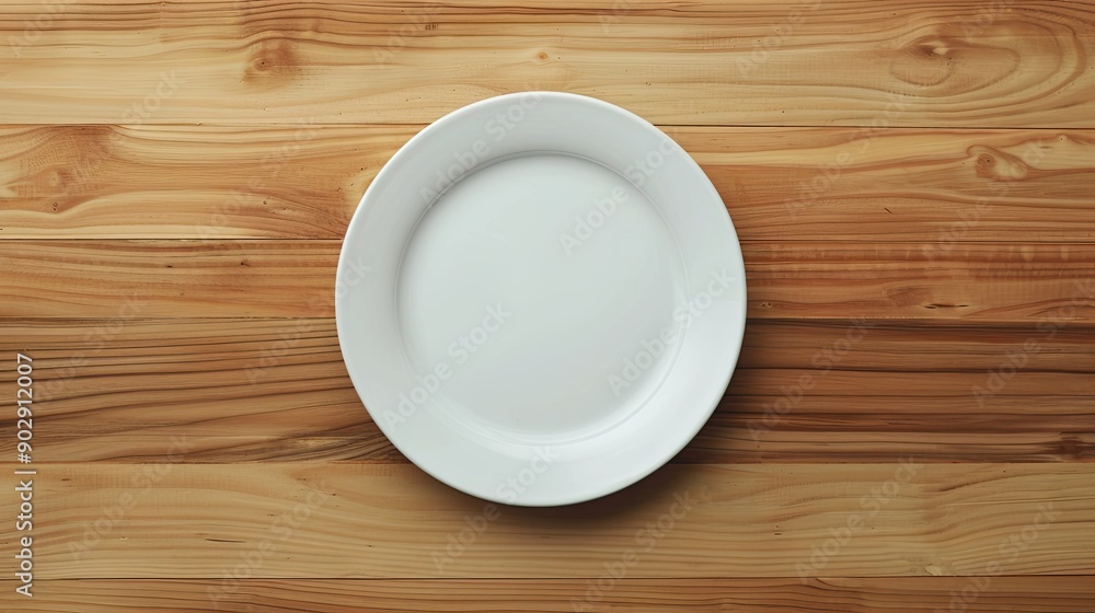 Minimal empty white plate atop a wooden table, seen from above. Space for adding text or food elements. Minimal empty white plate atop a wooden table, seen from above. Space for adding text or food elements.