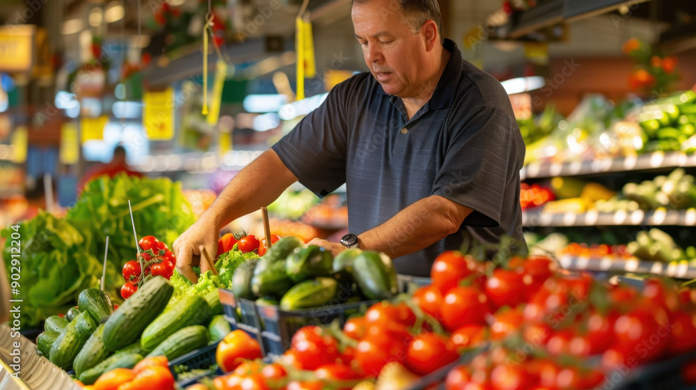 Man arranging fresh produce in a grocery store with vibrant vegetables including cucumbers, tomatoes, and lettuce Man arranging fresh produce in a grocery store with vibrant vegetables including cucumbers, tomatoes, and lettuce