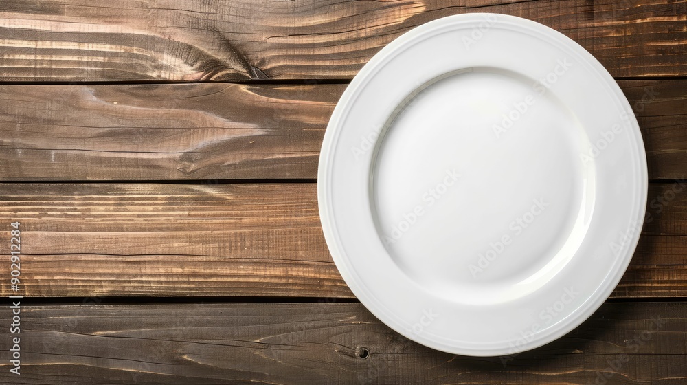 Plain white plate on a wooden background, top view. Great for food presentation or text overlay. Plain white plate on a wooden background, top view. Great for food presentation or text overlay.