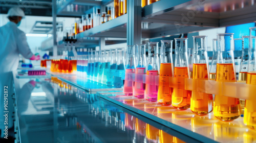 Laboratory setting with colorful chemical solutions in glass flasks, showcasing a researcher conducting experiments in a modern science lab