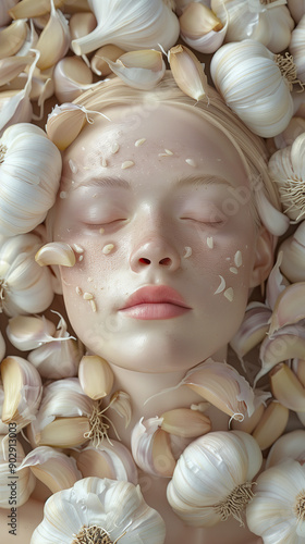 Opulent Garlic Cloves and Bulbs with Hyper-Realistic Glowing Skin and Garlic Extract in 3D Rendering for Health Advertising photo