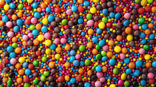 Top view of a variety of bright, multicolored candies scattered across a surface. Perfect for creating a sweet, vibrant background.