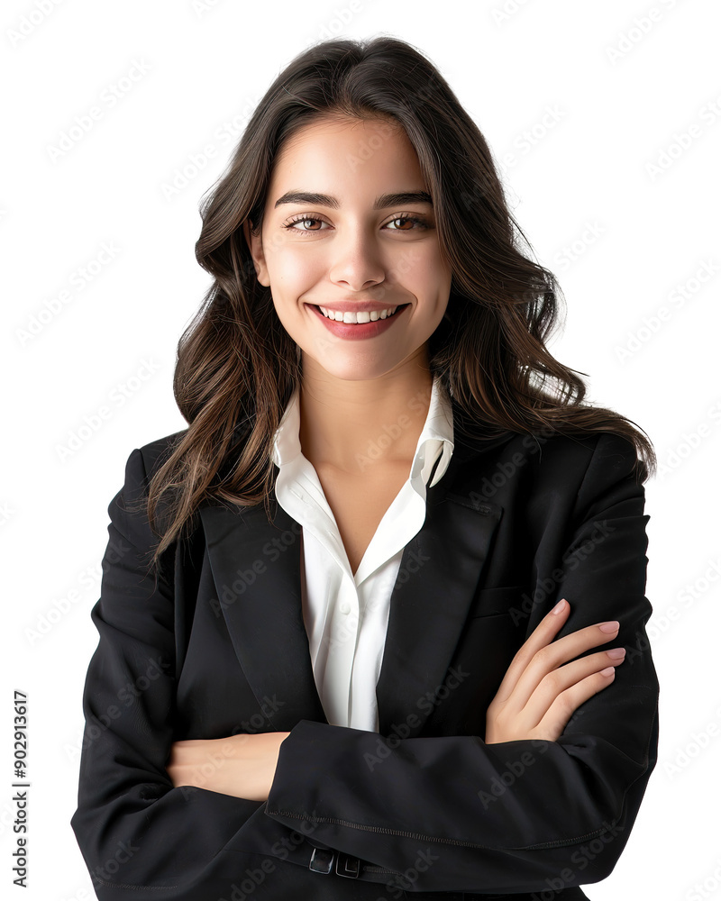 A young Hispanic businesswoman stands smiling with arms crossed, exuding confidence. A young Hispanic businesswoman stands smiling with arms crossed, exuding confidence.