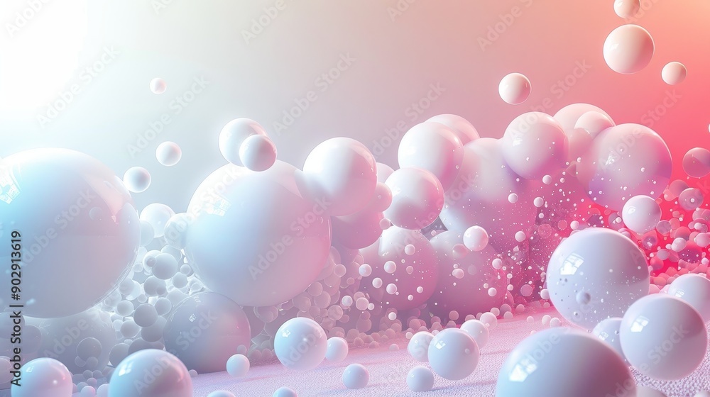 Abstract 3D rendering of floating white and pink spheres, creating a smooth and tranquil digital landscape. Abstract 3D rendering of floating white and pink spheres, creating a smooth and tranquil digital landscape.