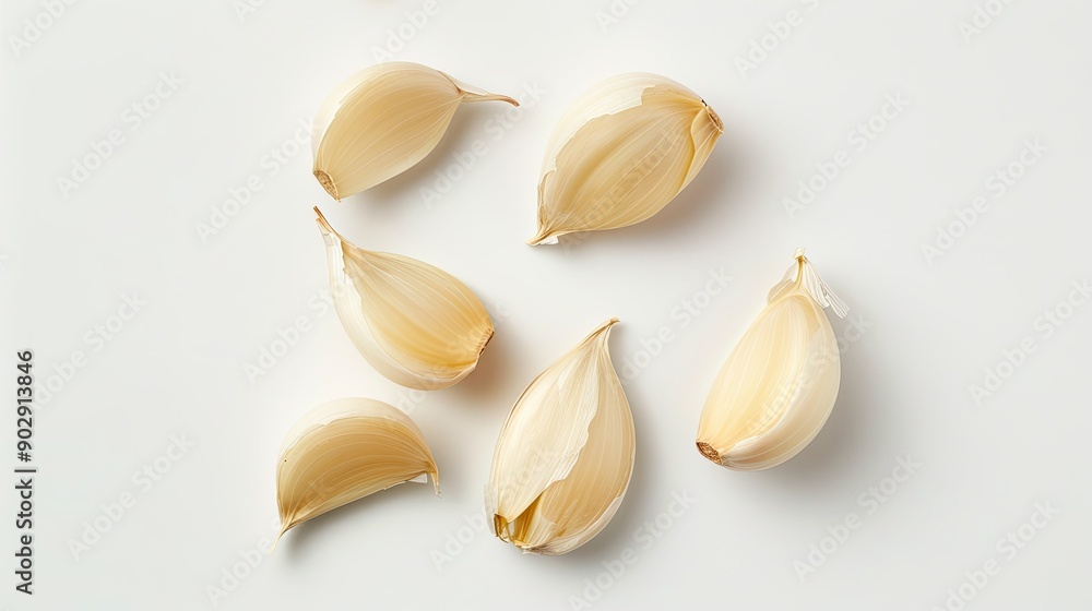 Top view of garlic cloves isolated on a white background. Perfect for culinary and recipe-related content. Top view of garlic cloves isolated on a white background. Perfect for culinary and recipe-related content.