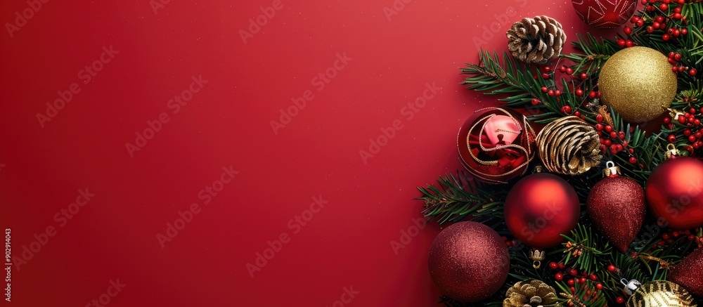 Festive Christmas tree ornaments displayed on a vibrant red backdrop with copy space image Festive Christmas tree ornaments displayed on a vibrant red backdrop with copy space image