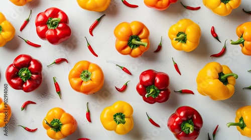 Top view of red and yellow sweet bell peppers isolated on a white background. Flat lay ideal for culinary and food imagery.