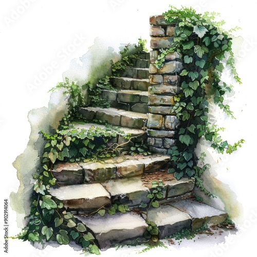 Old Stone Stairway Overgrown with Ivy in Watercolor Illustration