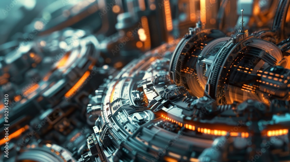 Fototapeta premium Futuristic sci-fi cityscape with intricate technology and glowing lights, showcasing advanced industrial architecture and modern design.