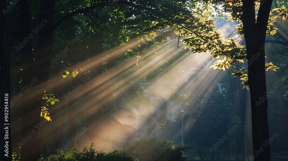 Obraz premium Sunbeams Through the Trees: A Morning in the Forest