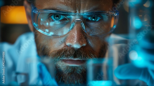 Wallpaper Mural Close-up of a scientist with protective goggles intensely focused on a laboratory experiment, blue glassware in background Torontodigital.ca