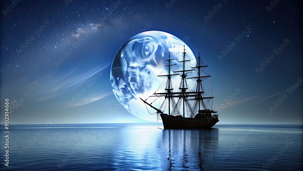 Sailing ship silhouette against a full moon on a tranquil night, sailing, ship, silhouette, moon, night, tranquil, sea, ocean Sailing ship silhouette against a full moon on a tranquil night, sailing, ship, silhouette, moon, night, tranquil, sea, ocean